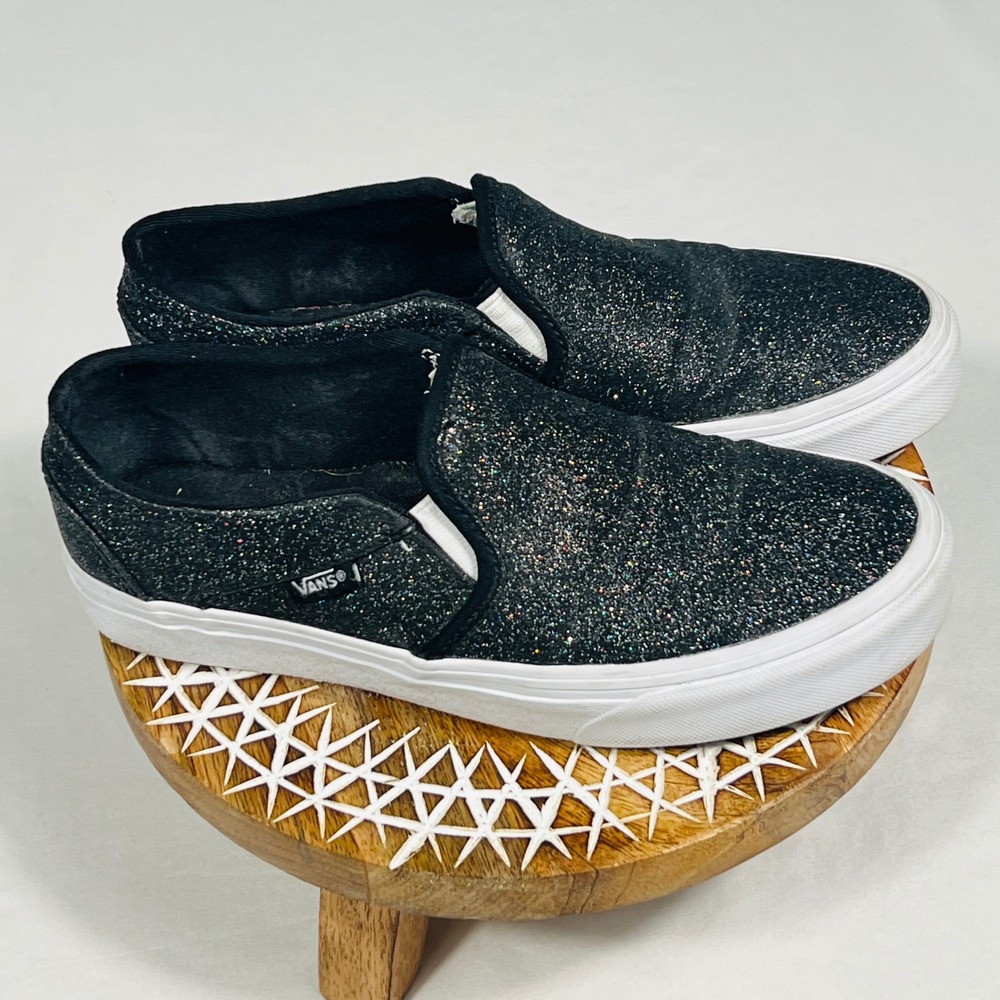 Vans Classic Slip-On Black Glitter Sneakers Womens 7 Low Top Shoes 500714